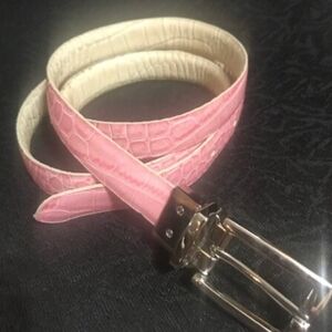 Ladies Faux Alligator Leather Reversible Belt Cream And Pink Silver Toned Buckle